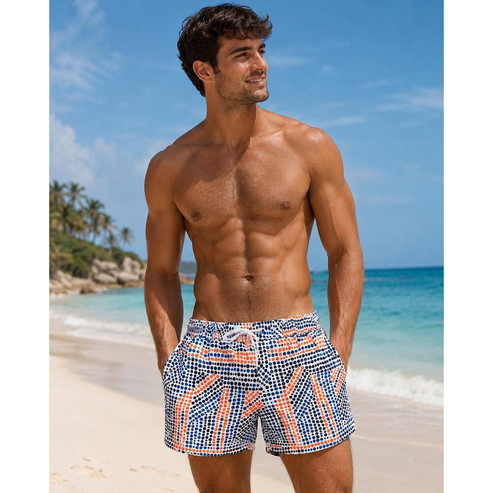 2(X)IST Men’s Swim Trunks Large Blue Orange Geometric Dot Print Mesh Lined
